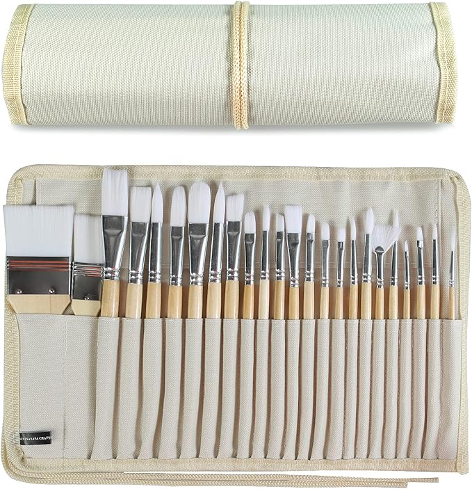 Paint Brushes Set of 24 Pieces Wooden Handles Brushes with Canvas Brush Case, Professional for Oil, Acrylic and Watercolor Painting