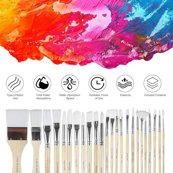 Paint Brushes Set of 24 Pieces Wooden Handles Brushes with Canvas Brush Case, Professional for Oil, Acrylic and Watercolor Painting - Image 4