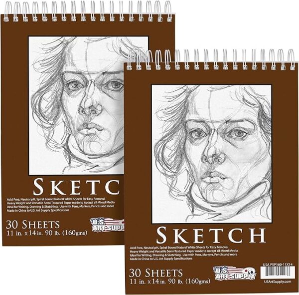 11" x 14" Top Spiral Bound Sketch Book Pad, Pack of 2, 30 Sheets Each, 90lb (160gsm) - Acid-Free Heavyweight Paper, Artist Sketching Drawing Pad - Pencils, Charcoal - Adults, Students