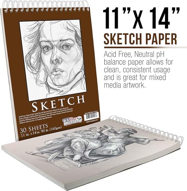 11" x 14" Top Spiral Bound Sketch Book Pad, Pack of 2, 30 Sheets Each, 90lb (160gsm) - Acid-Free Heavyweight Paper, Artist Sketching Drawing Pad - Pencils, Charcoal - Adults, Students - Image 2