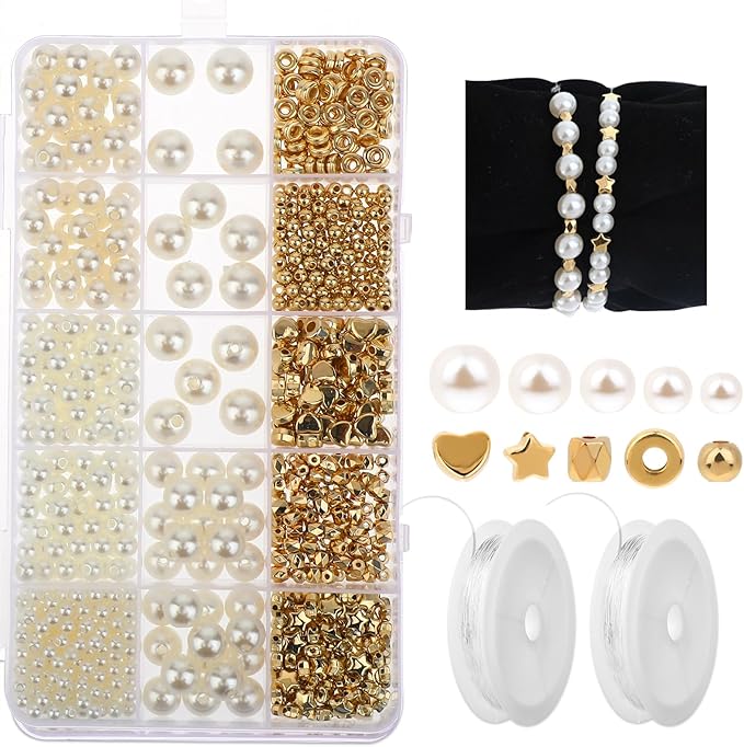 720PCS Pearl Beads for Bracelets Making, Jewelry Making Supplies for Adults, Bracelet Beads with Line, Small Pearl Beads and Gold Beads Beading Kit for Jewelry Making