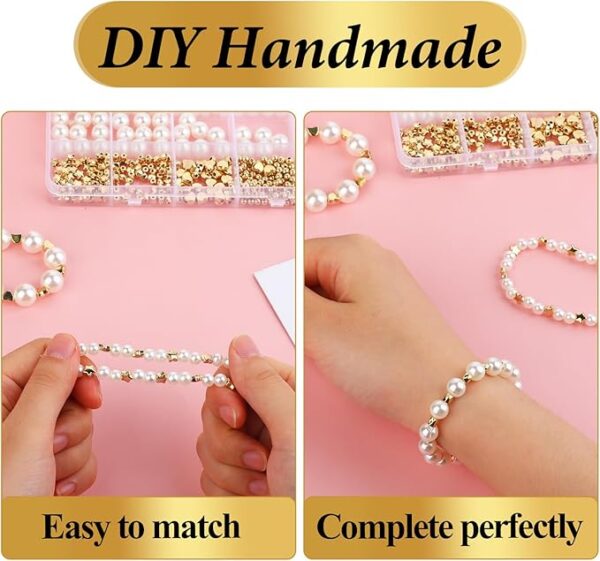 720PCS Pearl Beads for Bracelets Making, Jewelry Making Supplies for Adults, Bracelet Beads with Line, Small Pearl Beads and Gold Beads Beading Kit for Jewelry Making - Image 3